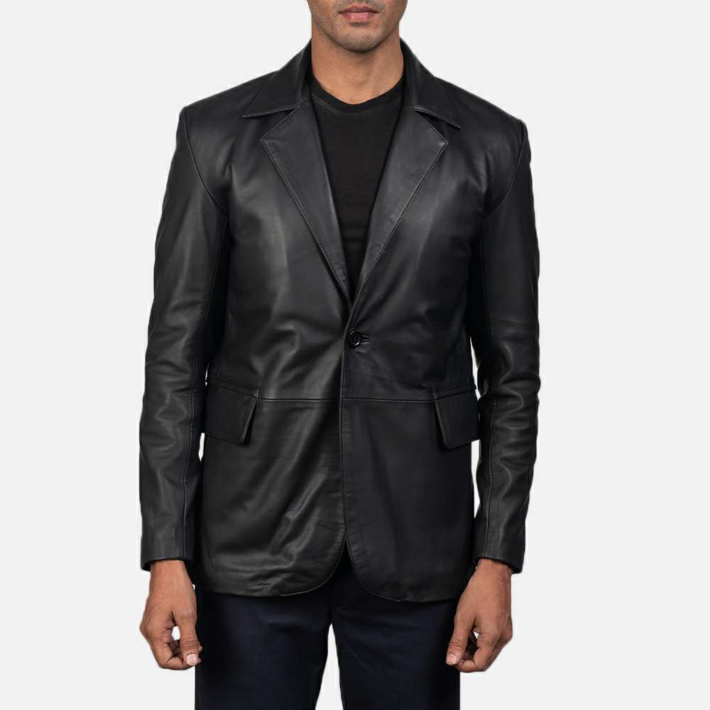 Black Leather Single-Button Sport Coat with Flap Pockets